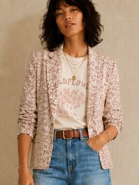 OLIVIA MOON LINEN BLEND RUCHED SLEEVE BLAZER FLORAL PRINT MEDIUM NWOT